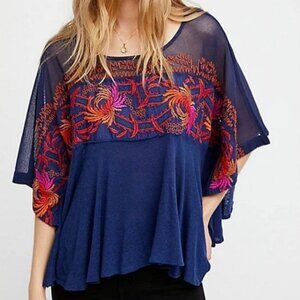 Free People Sz M Love Letter Embroidered Oversized Poncho Top Navy Blue Boho